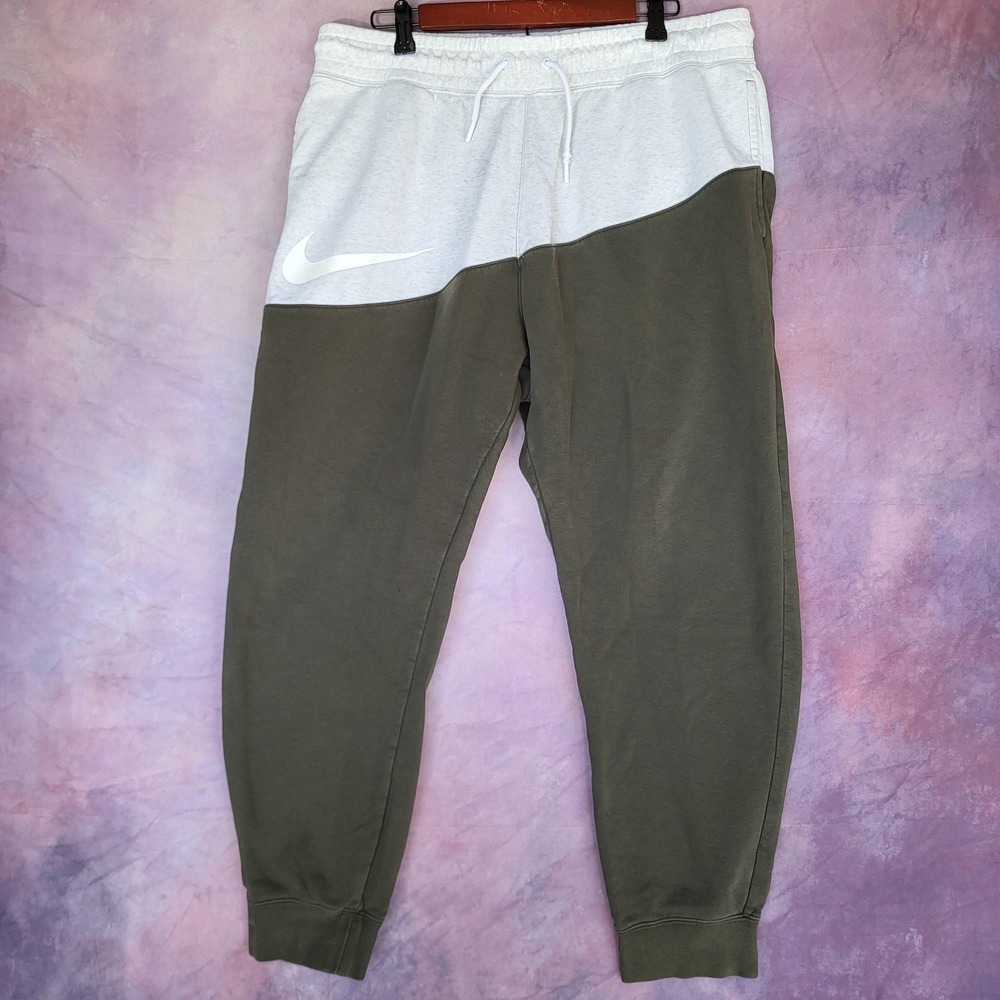 Nike Fleece Jogger Pants Mens Size 2XL Green Gray Colorblock Swoosh Sweatpants